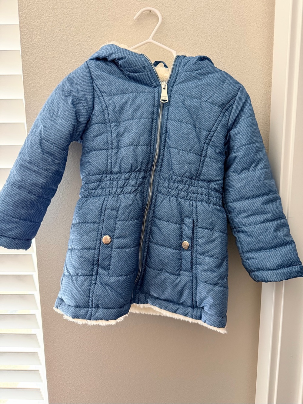 Girls' Quilted Blue Hooded Coat with Sherpa Lining